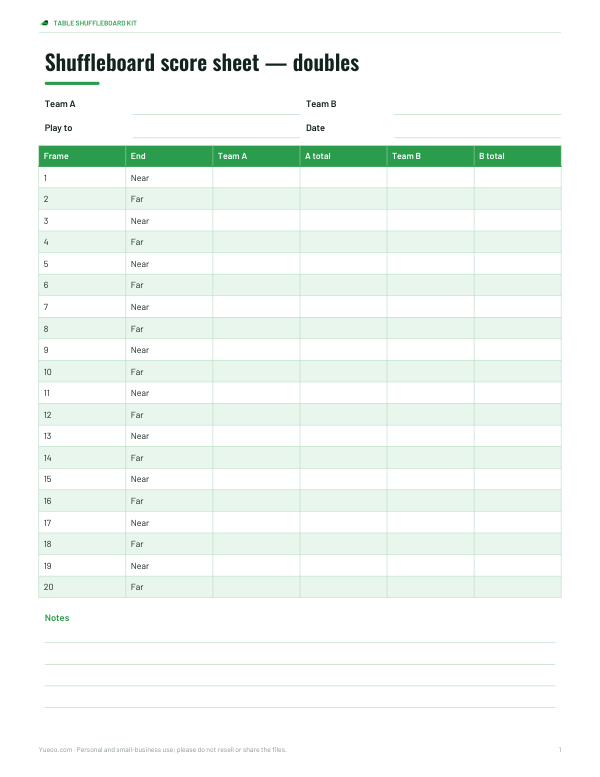 Preview of Printable Doubles Shuffleboard Score Sheet