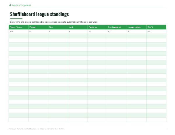 Preview of Printable Shuffleboard League Standings Sheet