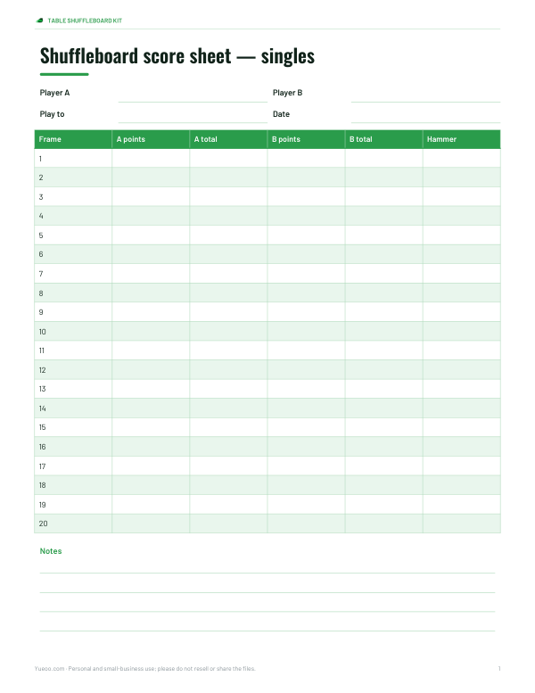 Preview of Printable Singles Shuffleboard Score Sheet